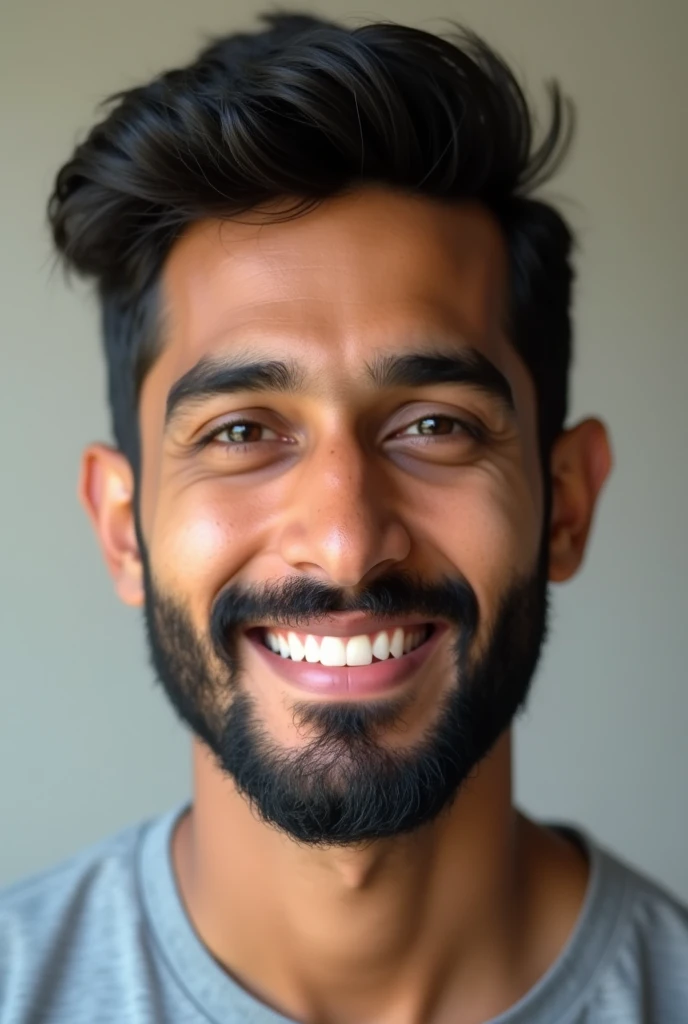 Create a 28 year old Bangladeshi cute boy portrait. Little mustache and beard with less hair