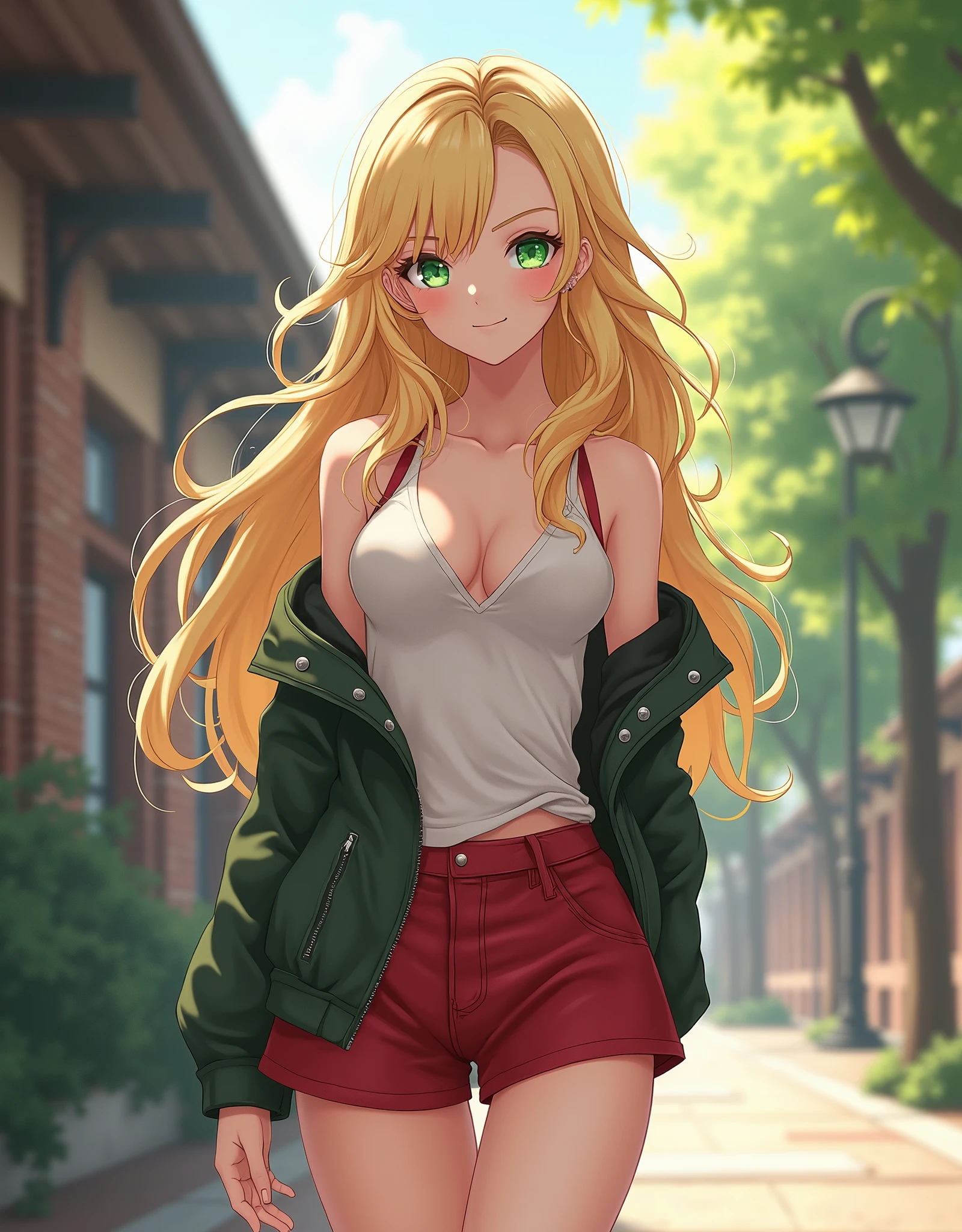 2.5D Masterpiece Anime. A 22 year old college girl with long wavy blonde hair. Green eyes. In a college courtyard. Light and natural makeup. Smirking. Cute, slightly provocative clothing. Deceptive.