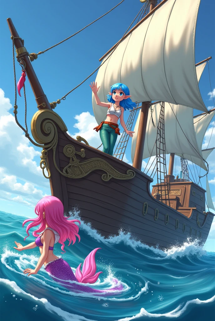Create an anime style elf with shoulder length hair in blue, blue eye, with a bow and arrow on his back. Have her stand on the bow of a pirate ship and wave to a mermaid with pink hair and a pink tail.