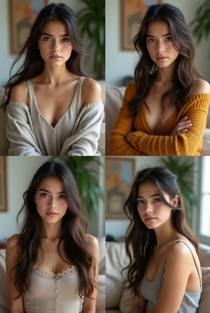 You could create the same woman. same face. different poses. different clothes. make it realistic? that he is at home posing, but let them be 4 photos, Could you create ther one just like that?? but with different clothes and a different pose