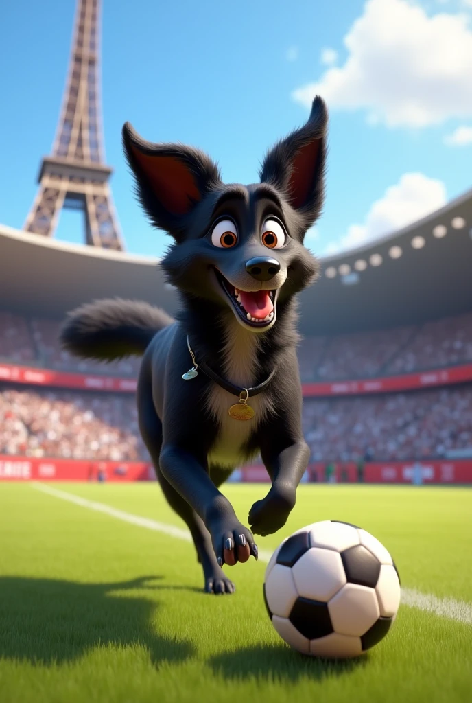 CREATE A BLACK DOG of the border collie breed but with all black fur IF IT WAS PLAYING FOOTBALL IN THE 2024 PARIS OLYMPICS WITH A DISNEY PIXAR STYLE DRAWING