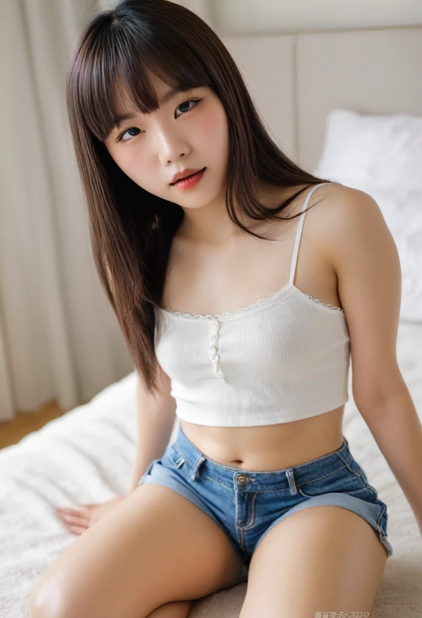 masutepiece, Best Quality, in 8K、Japanese ido、(15 year old girl:1.5)、(Embarrassed look:1.3) 、(Camisole and shorts:1.5)、(Sit on both knees:1.6)、(Smaller chest)、(Smooth straight hair:1.7)、Very white skin、Letting down your bangs、Detailed body、Detailed hand、No makeup