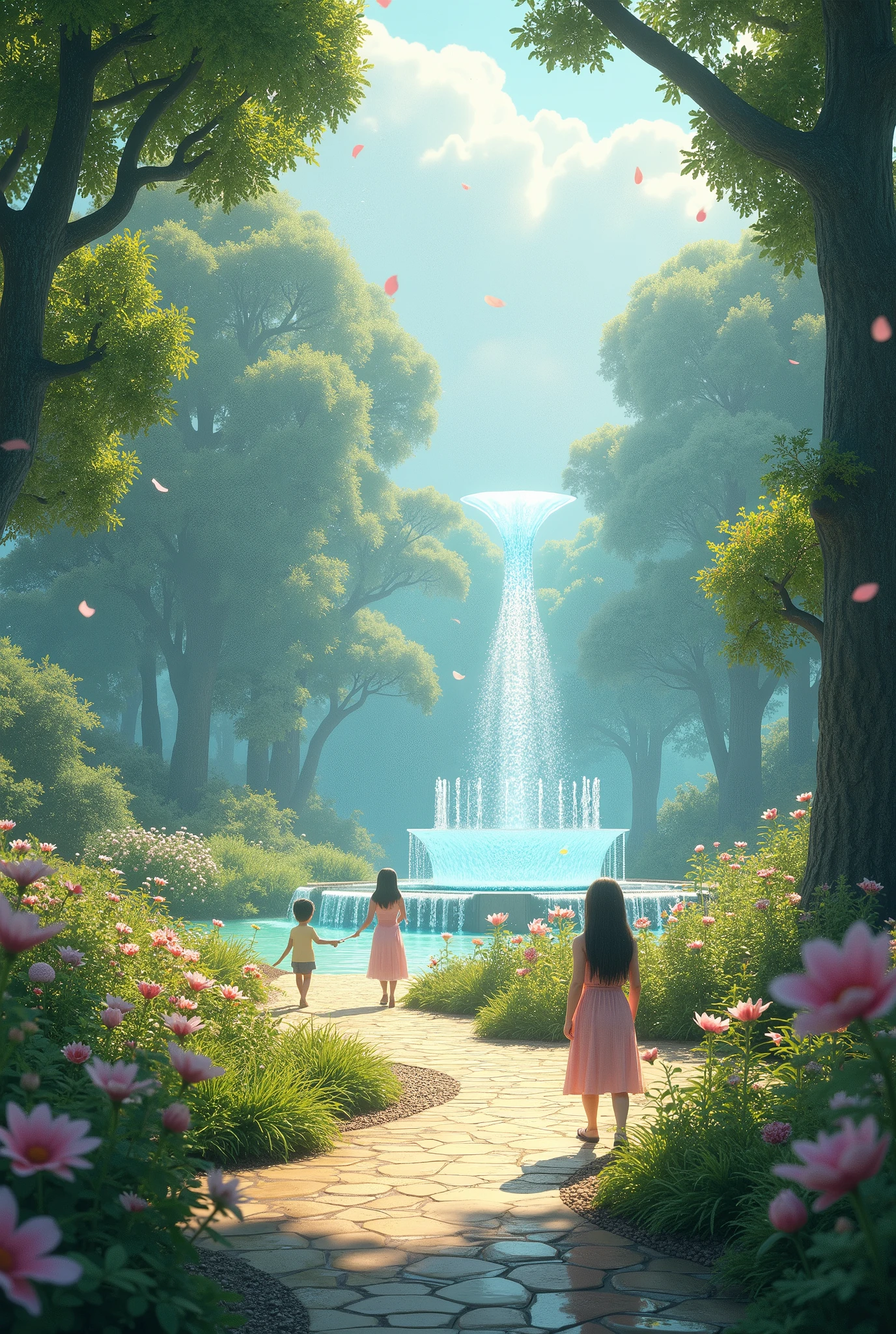 A garden with a walking path in the middle with a water fountain falling from the sky
