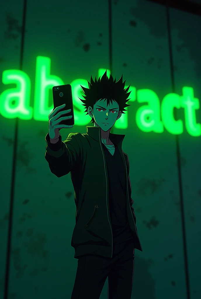 anime tanjiro taking a selfie with a green wall with the green words ABSTRACT which is written on the wall clearly 4k at night