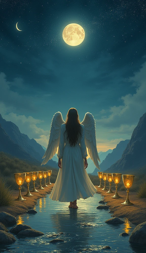 Create a stunning and evocative image for the "Eight of Chalices" card, inspired by the traditional Rider-Waite Tarot but reimagined for the "Lumen Angelis" deck with an angelic and celestial theme. In the foreground, depict a robed, angelic figure walking away from eight golden chalices. The figure is draped in a flowing, ethereal cloak that gently sways as it moves forward, conveying a sense of departure and inner journey. The chalices are arranged in two neat rows of four, but one of them is partially hidden, suggesting something left behind or incomplete.
In the background, a serene, moonlit night sky stretches out, with soft, glowing stars illuminating the scene. A crescent moon hangs low in the sky, casting a subtle, silvery light on the path ahead. The angel's wings are gently folded, signifying a period of introspection and spiritual seeking. To the left of the scene, a small, flowing stream reflects the moonlight, symbolizing the emotional undercurrents and the search for deeper meaning. The landscape is slightly barren, with distant mountains rising in the background, representing the challenges and unknowns that lie ahead on this spiritual quest.
The overall mood of the card should evoke a deep sense of quiet contemplation, emotional distance, and the courage to move forward in search of something more fulfilling, perfectly aligned with the themes of the "Lumen Angelis" deck.