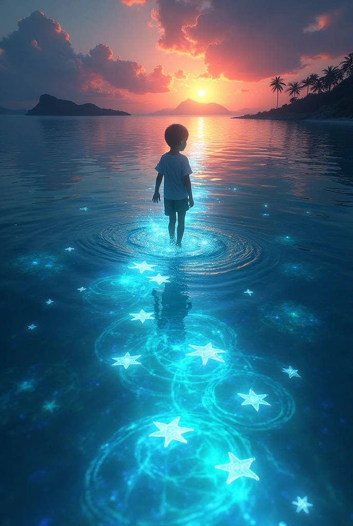 
A young boy walks along a glowing path in the ocean, illuminated by bioluminescent creatures. The path leads towards a distant island under a dramatic sunset sky. The water is a vibrant mix of blues, greens, and purples, and the boy's reflection shimmers in the surface.
