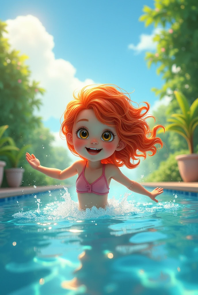 Girl in the pool, RED HAIR, eyes browns, freckles, Sunnyday