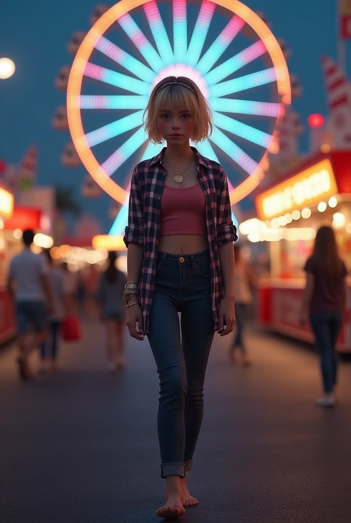 Photorealistic image of a 17-year-old at the fair, It is dusk. She enjoys the view of the many lights - behind here you can see a Ferris wheel. The picture was taken from a distance, you can see her whole body. She is wearing dark low waisted mom jeans, She wears a crop top, She wears a short open checked shirt over her crop top. She has no shoes on and walks barefoot through the fair, The floor is asphalted. She has short blonde hair with black streaks, She also has brown eyes and freckles, On her head she wears a hairband, The photo should be very realistic, recorded in 4k
