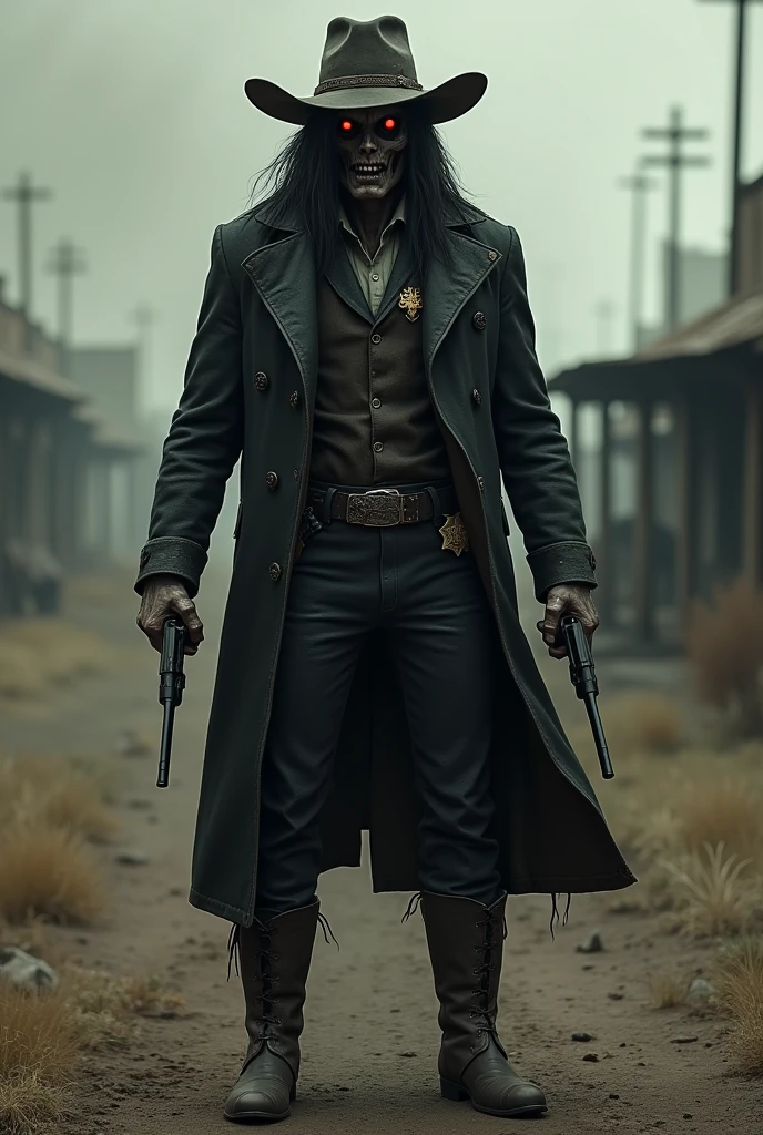 He is 1.80 meters tall, with long, greasy hair and a deteriorated cowboy hat on his head. His face appears to be a mix between human and undead, with a lifeless tone and a portion of his face missing. His eyes are black and empty. He wears a black trench coat with a sheriff's badge, dark pants, and boots, and carries a revolver in each hand. He is known as the Death of the Old West, exuding a heavy and dark energy that terrifies everyone he encounters.