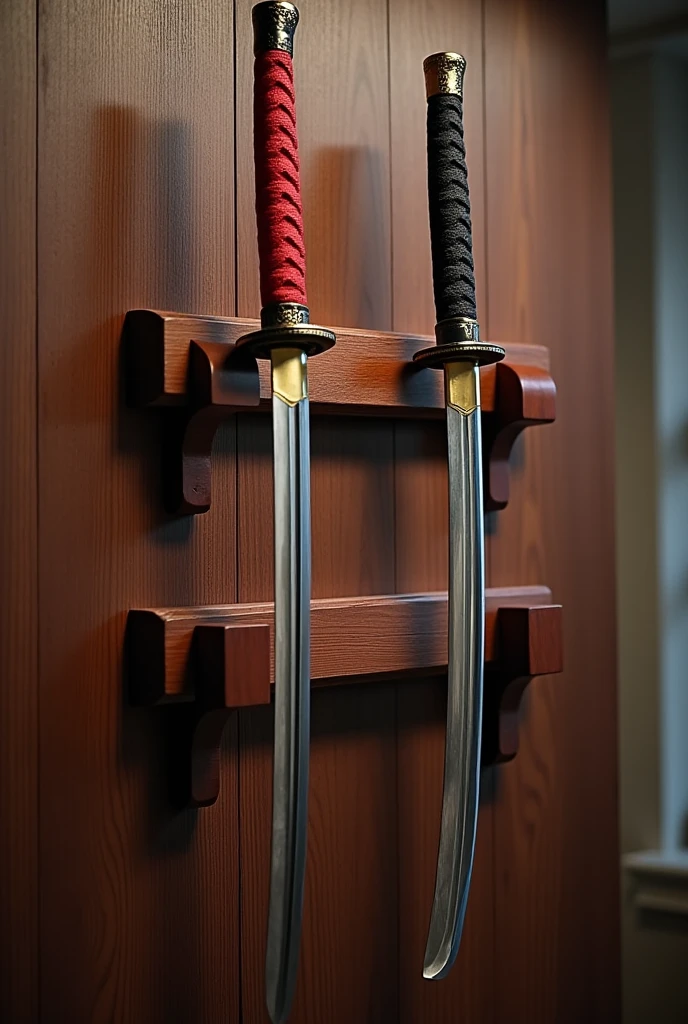 ((best quality)), ((masterpiece)), (detailed), A katana wall holder from the front which is made of wood which lifts 2 katana without a case, one katana is red black the other gold black the holder has tow arms for one kartana the kartana have a shiny silver blade
