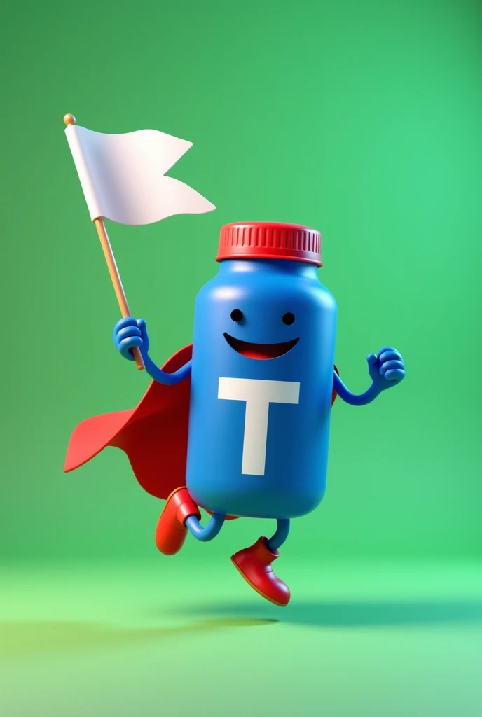 Create a mascot for a politician in the shape of a blue bottle cap, with red cover, heroine dress, with a T on the chest, holding a white flag while running, running for mayor, with 3D green background