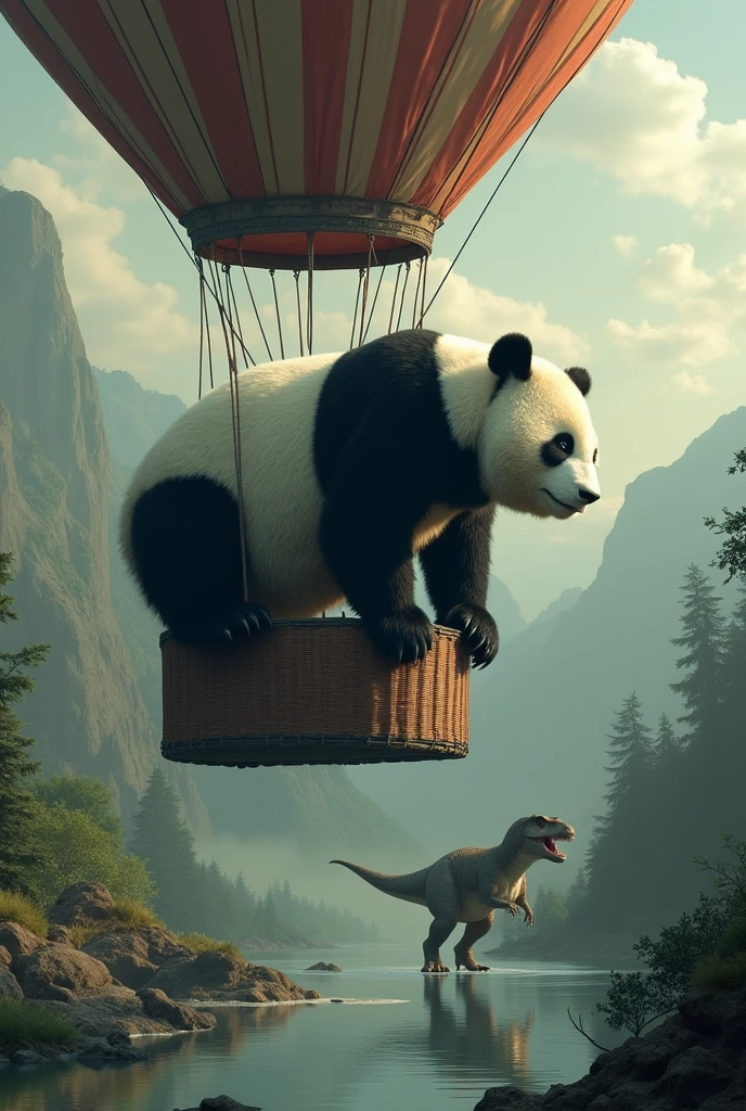 Imagine un panda geant blanc et noir, under narcotics, in a hot air balloon overlooking a Tyrannosaurus rex walking in a river