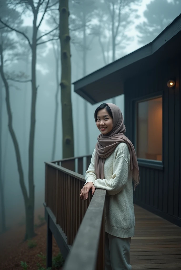 A Asian woman wearing long hijab, wearing a white sweater and pants, stands on the deck of a small, modern cabin with a dark, minimalist design, metal roof, and wooden walls. She has a scarf around his neck and leans casually against the railing, gazing warmly into the camera. The cabin is surrounded by tall trees in a dense, misty forest, with trunks and branches barely visible through the thick fog. The atmosphere is serene, mysterious, slightly eerie, evoking solitude and a deep connection with nature.closed up. 