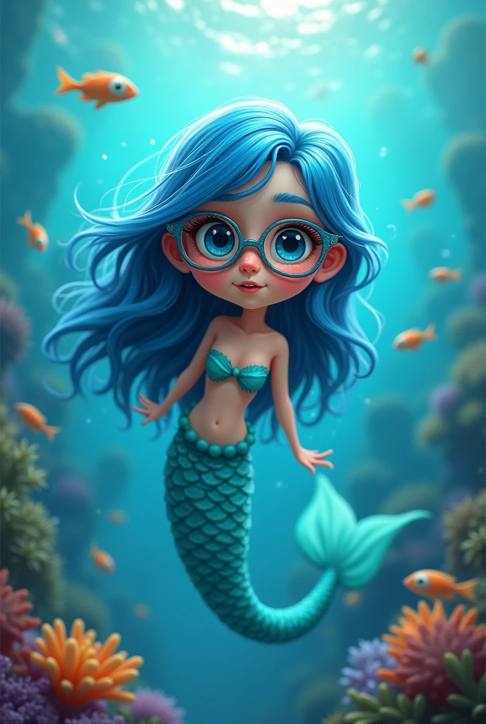 Mindy Mermaid with a blue hair and glasses under the sea
