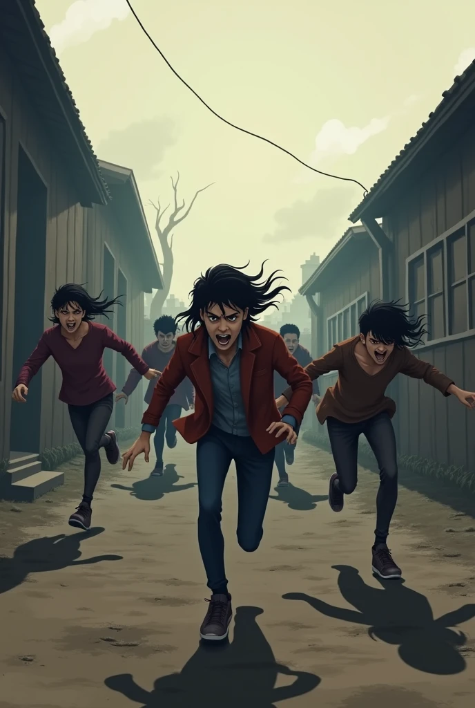 Image: People frantically fleeing from the camp, with dark figures or silhouettes of the camp staff chasing them in the background. Animation