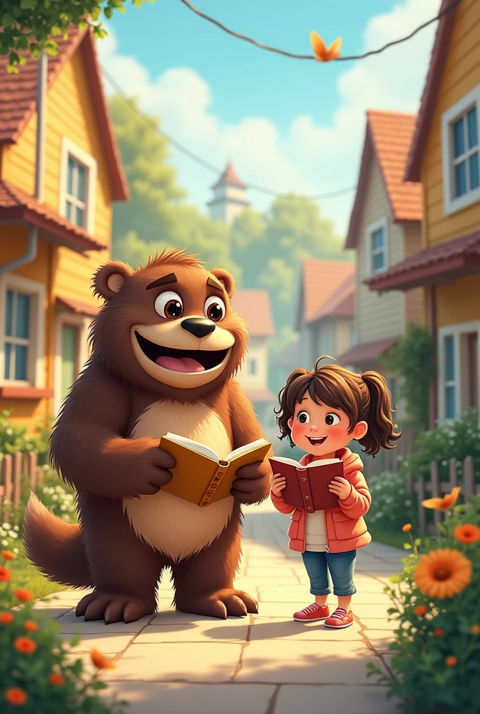 Create an image for story books
Together, they embarked on fun adventures, from reading stories to exploring the neighborhood, proving that monsters could be friendly.
There is only girl who is friendly with moster Benny who looks like brown coular and big