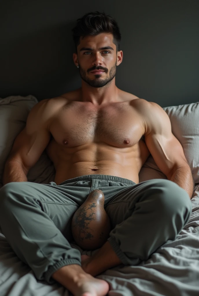 man , white , naked , high , muscular , Black hair , blue eyes , Gifted cock , thick and long cock  , it is on the bed , His huge cock is sticking out of his pants