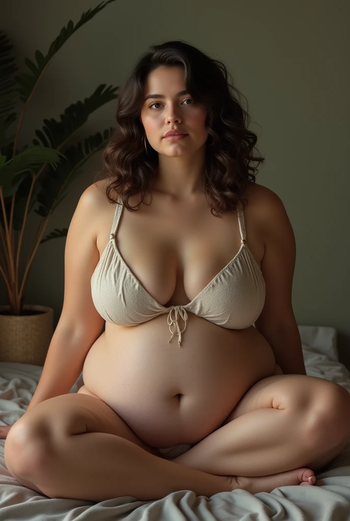 A brunette girl with curly hair and big breasts sits with her legs stretched out, taking a realistic photo