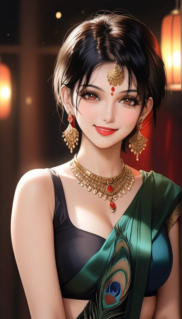 A beautiful mature woman bending down, intricate peacock feather earrings, detailed alluring eyes, smooth lips, smiling, red lipstick, exposed navel, bangles, saggy breasts, photorealistic, 8k, high quality, masterpiece, cinematic lighting, vibrant colors, intricate details, short messy hair, tattoo on neck, plain silk black traditional saree