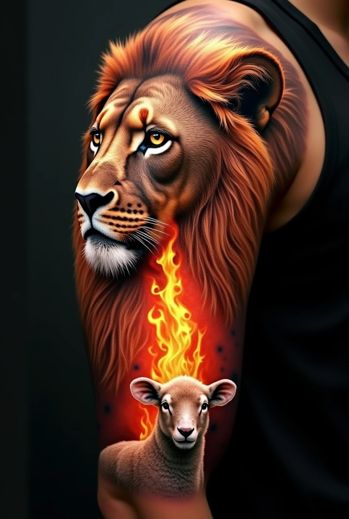 Tattoo of a lion's face looking to the left. A lamb's face below looking to the right and a large flame between them.