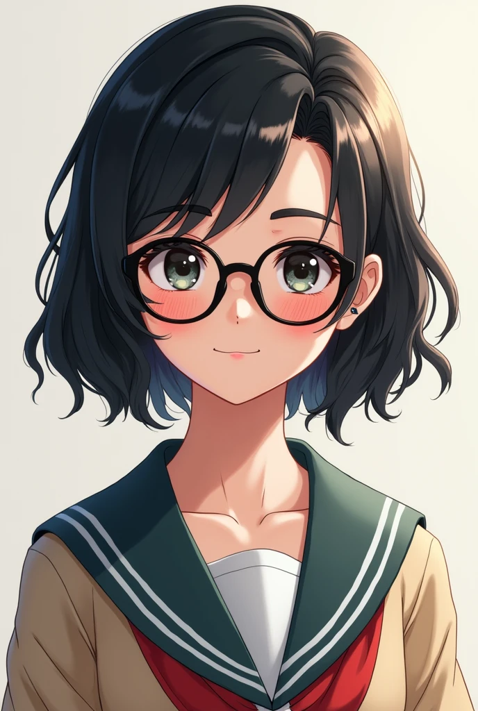 something realistic: a light skinned girl, round eyes, eyebrows and eyelashes that highlight your face in a good way, small nose, low forehead, chubby cheeks, slim body and hourglass shape. with school uniform, semi wavy black hair, with a cut of Wolft cut. That she looks like a real girl and a more youthful and more serious appearance that uses glasses that mark her face symmetrically, while she smiles, but it doesn't look like a "anime"