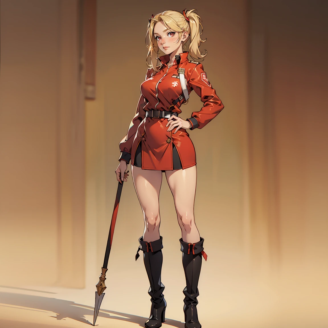 Very detailed, Neutral facial expression, medium breasts, full body view, blonde hair with pigtails, Red eyes, looking at the viewer, BLACK AND RED UNIFORM, Skirt, black boots, holding spear, standing posture.