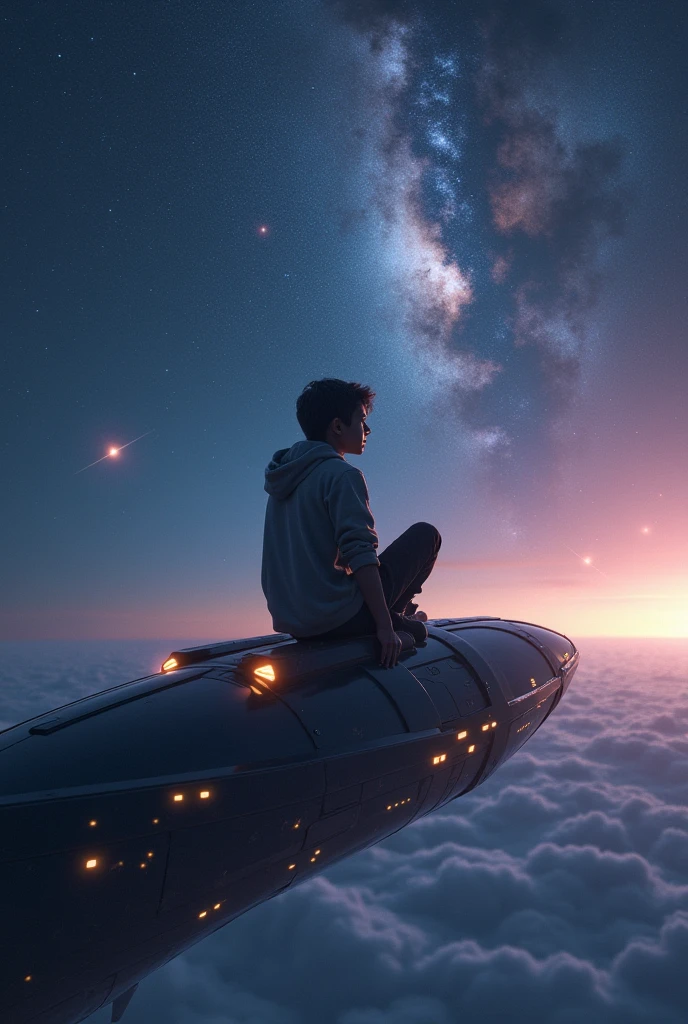 A 20 years old indian boy with medium long hair wearing half hoodie sitting on a top of an alien spaceship and exploring universe