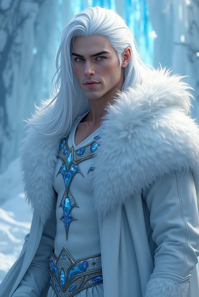 A young man, from fantasy world, he is king from ice kingdom, he is stunnig and beautiful, he has long white hair and extraordinairy deep icy blue eyes, he is tall masculine strong and has strong facial features