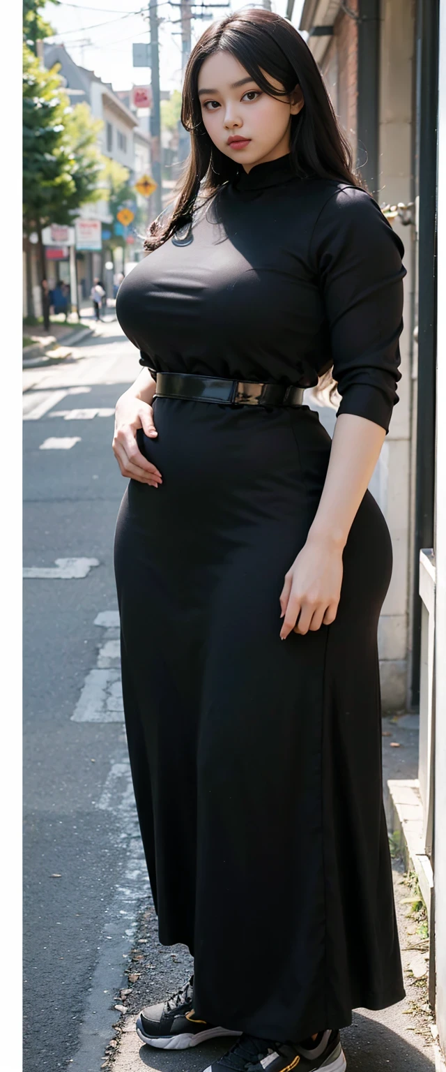 ((best quality)), ((masterpiece)), (detailed), malay woman, perfect face, araffe woman in a dark-black gamis walking down a street, thicc, she has a jiggly fat round belly, bbwchan, wearing tight simple clothes, skinny waist and thick hips, widest hips, her belly is fat and round, soft curvy shape, hyperrealistic full figure, wearing gamis , wide hips, sneakers