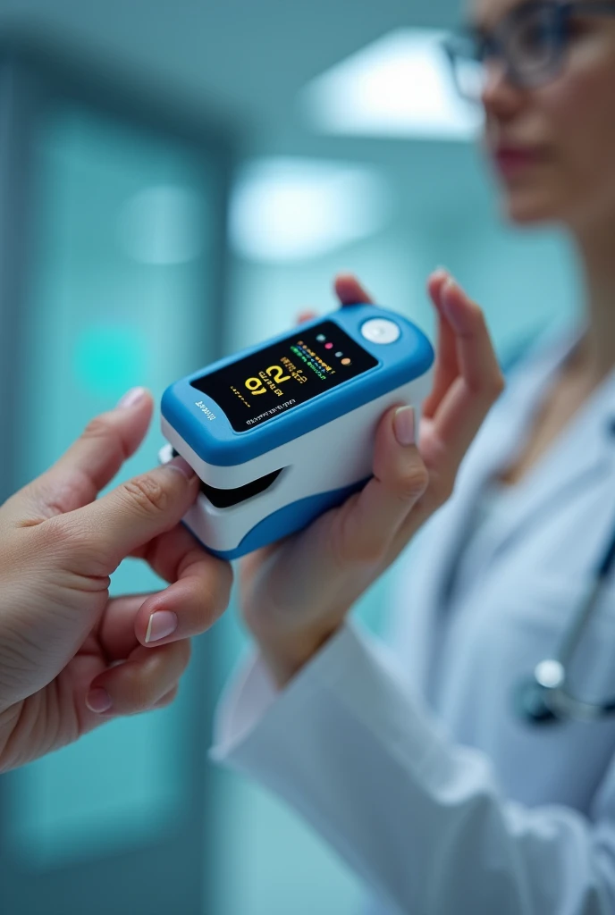 Pulse oximeter in usage with a finger in it
