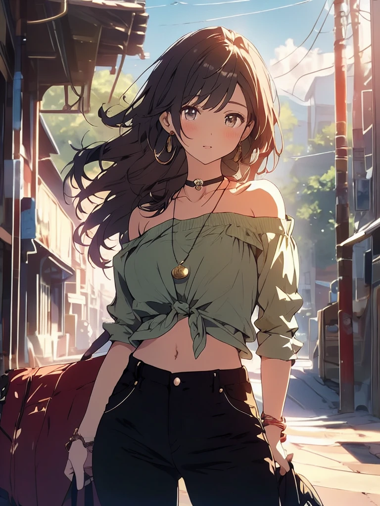 Create a anime style landscape image. Digital illustration featuring a young woman with long, wavy brown hair cascading over her shoulders. girl behind text ""MAHI"". She has a fair skin tone and is depicted with a confident expression, her lips slightly parted. She is wearing a green, button-up shirt tied at the waist, revealing her midriff, and black pants with her hands in the pockets. She accessorizes with large hoop earrings, a choker necklace, a pendant necklace, and a bracelet on her left wrist. The background is a soft, neutral tone, which highlights the subject's detailed and realistic features.