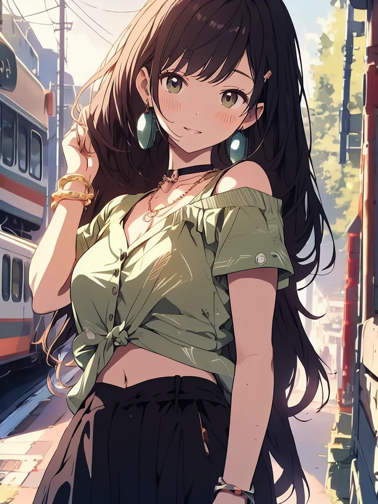 Mio Naruse, A black woman with dark eyes with dark brown box braids in denim shorts and a green blouse in a square