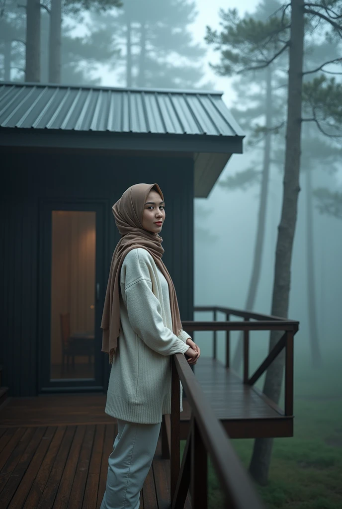 A Asian woman wearing long hijab, wearing a white sweater and pants, stands on the deck of a small, modern cabin with a dark, minimalist design, metal roof, and wooden walls. She has a scarf around his neck and leans casually against the railing, gazing warmly into the camera. The cabin is surrounded by tall trees in a dense, misty forest, with trunks and branches barely visible through the thick fog. The atmosphere is serene, mysterious, slightly eerie, evoking solitude and a deep connection with nature.closed up. 