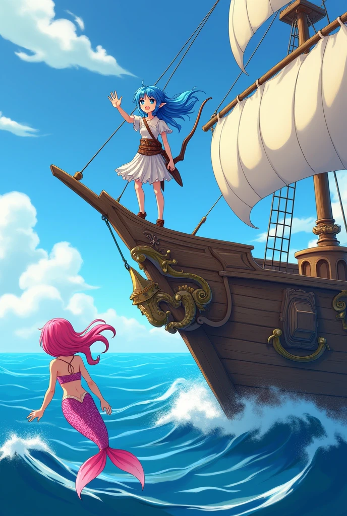 Create an anime style elf with shoulder length hair in blue, blue eye, with a bow and arrow on his back. Have her stand on the bow of a pirate ship and wave to a mermaid with pink hair and a pink tail.