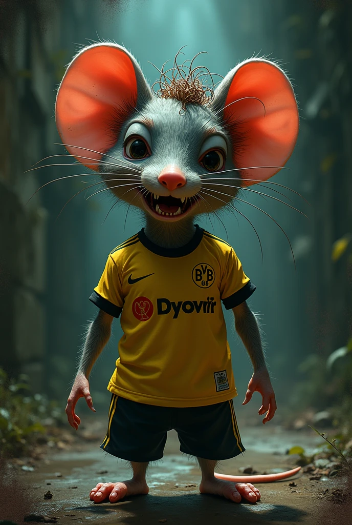 Disney Pixar horror title cover "RATALITO* appearance a mutant mouse with curly hair and dressed in a Borussia Dortmund sports car