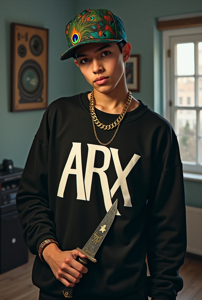 ager man, Masculine traits, image only half body, Hip hop style head cap with peacock print, black eyes, standing in a room with grey walls with black furniture and bright lights, slave chain with the initial Arx in gold, Loose black sweatshirt with a print in the center written ARX in white, interior, soft light, close relaxed pose, grabbed a knife that says ARX on the handle, In the background a music system, realistic disney , warm colors, by Greg Rutkowski, by Alphonse Mucha