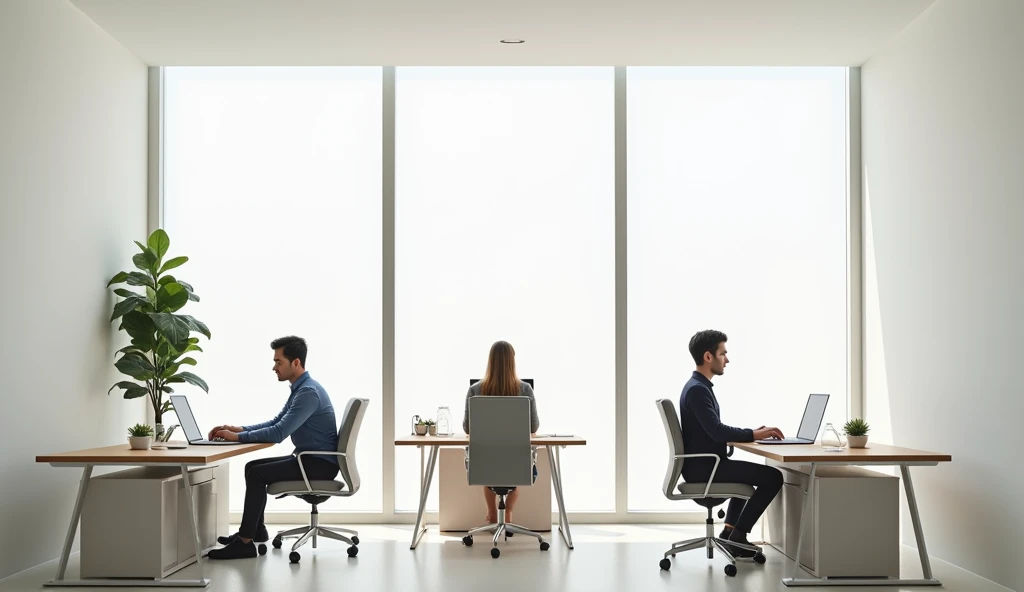 High-quality photograph of a минималистичный офис с тремя работниками. detailed faces. Individual workstations.