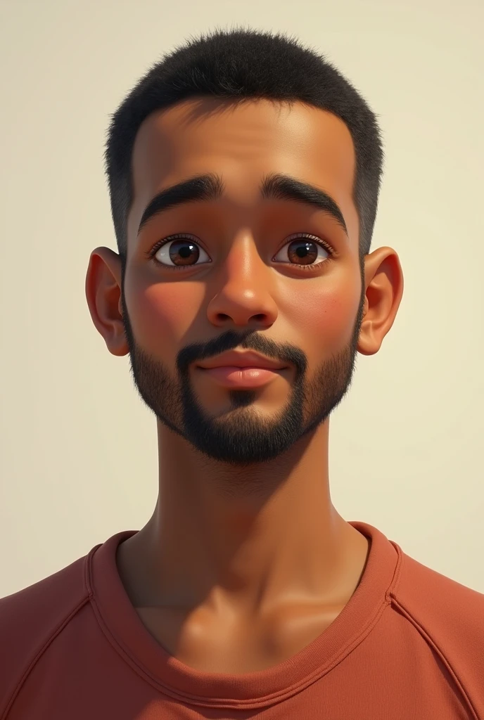 Create a 28 year old Bangladeshi cute boy portrait. Little mustache and beard with short hair almost bald