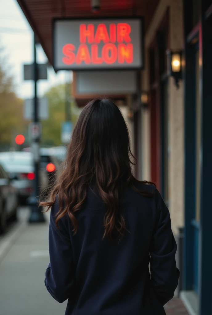 A lady on the street , frente a una hairdresser( You can see the lady from behind and you can see the sign where it is written"hairdresser" He is holding the phone in his hand pointing towards the display case.(as if I were recording with the mobile camera).