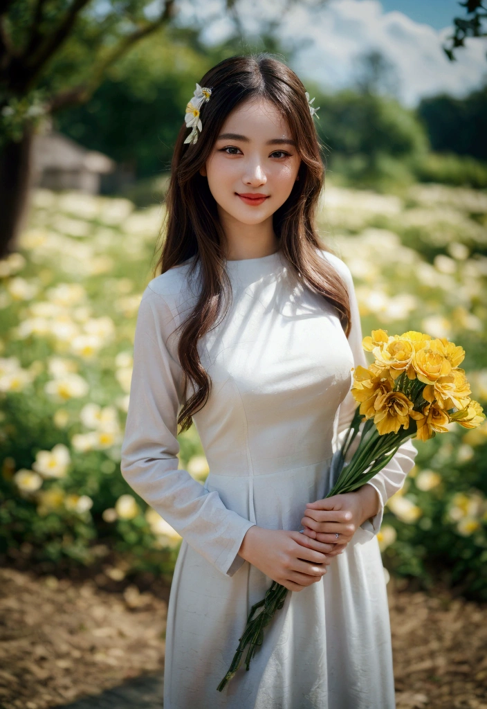 1girl, yellow dress, art photo, (flower: 1.2), a beautiful photo with beautiful saturation, ultra high resolution, ((actual: 1.4)), deep shadow, (best quality, masterpiece), white skin, low light, shade, confused, blushing, high detail, skinny, big breasts, depth of field BREAK, film grain, wrinkled skin, looking at the viewer, knees, warm smile, (upper body: 1.2), masterpiece, surreal, 8k photo quality, extremely detailed 8k unity CG wallpaper, best quality, model-following detail, detailed hands, detailed face, detailed hair,