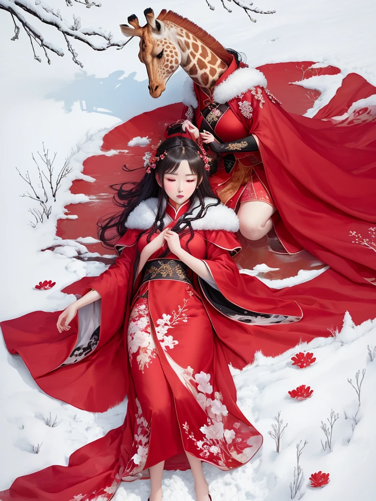 Giraffe woman in red dress lying on snow covered ground, inspired by Zhang Yan, with frozen flowers around her, Hanfu, in a red dream world, sha xi, inspired by Chen Yifei, Palace ， a girl in Hanfu, Inspired by Tang Yifen, Jinna Zhang, inspired by Ma Yuanyu, inspired by Zhang Xuan