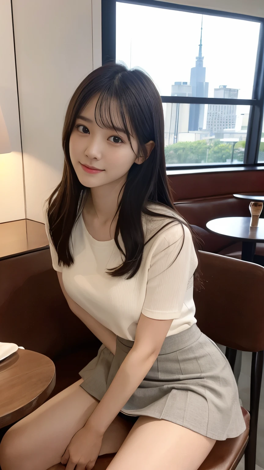 A beautiful girl with a cute and small face、Sweet, thick lips that drive men crazy、Gazing with clear eyes、Big 、Japanese girl raw々new portrait, Realistic, Ultra-high resolution, highest quality, (A thin uniform that reveals her slightly saggy breasts: 1.2、Ultra mini skirt), (From below: 1.2), Sitting in a chair, Arms crossed, (Panty shot: 1.2), (High-end cafe: 1.4) break (Natural skin texture, Detailed skin, Hyperrealism, Ultra Sharpness), Intricate details, Depth of written boundary, Dim lighting, Korean Idols, Nogizaka Idol, Idol Sculpture, actress, Fashion model posing to invite a man