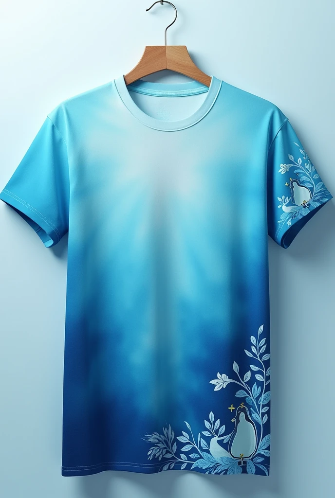 Designed a shirt in a gradient of blues with the silhouette of the Virgin of Coromoto on the edges, delicate and small on the left side. 