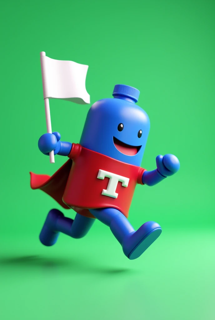 Create a mascot for a politician in the shape of a blue bottle cap, with red cover, heroine dress, with a T on the chest, holding a white flag while running, running for mayor, with 3D green background