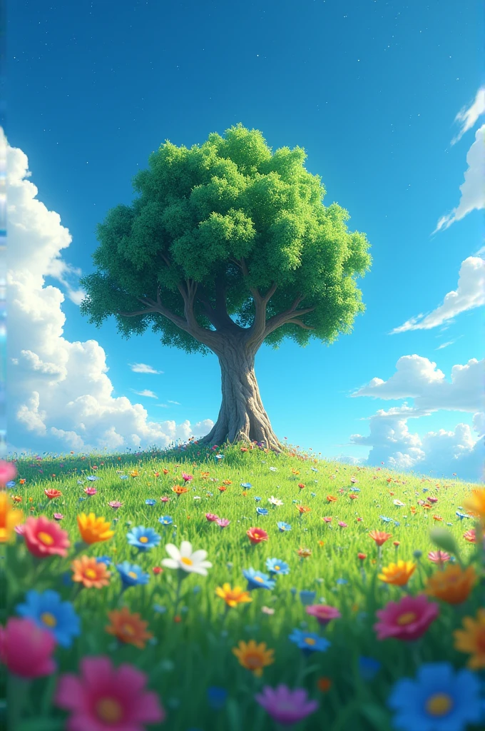 /imagine prompt: Viral anime nature wallpaper in 4K quality, in the style of Pixar 3D inspired by Toy Story, showcasing a lush meadow filled with colorful wildflowers, a clear blue sky with fluffy clouds, and a single majestic tree standing in the middle; bright and cheerful color temperature, cosmos lighting with stars twinkling in the sky, no human characters, the atmosphere is whimsical and joyful --v 5 --stylize 1000