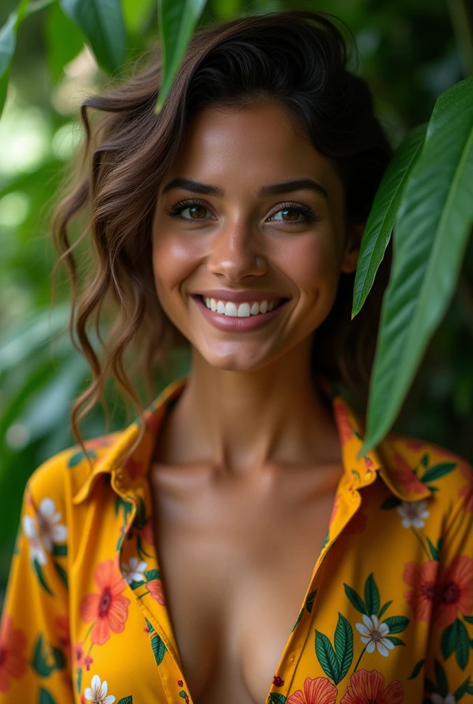 A Brazilian woman in a lush tropical garden, wearing an open shirt with a floral print, with a close-up capturing the harmonious beauty between her breasts and the natural flowers, showing off your natural charm and outgoing personality.