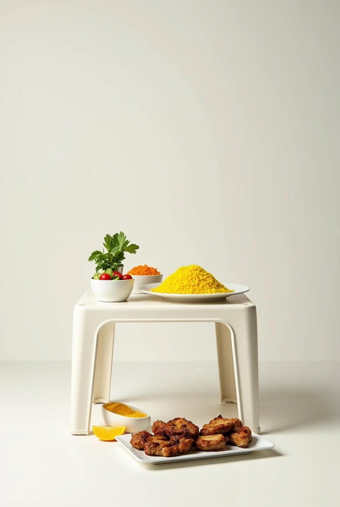 A white plastic table with a plate of yellow rice and next to it small pots with yellow flour and cut vegetables and a plate with pieces of barbecue meat