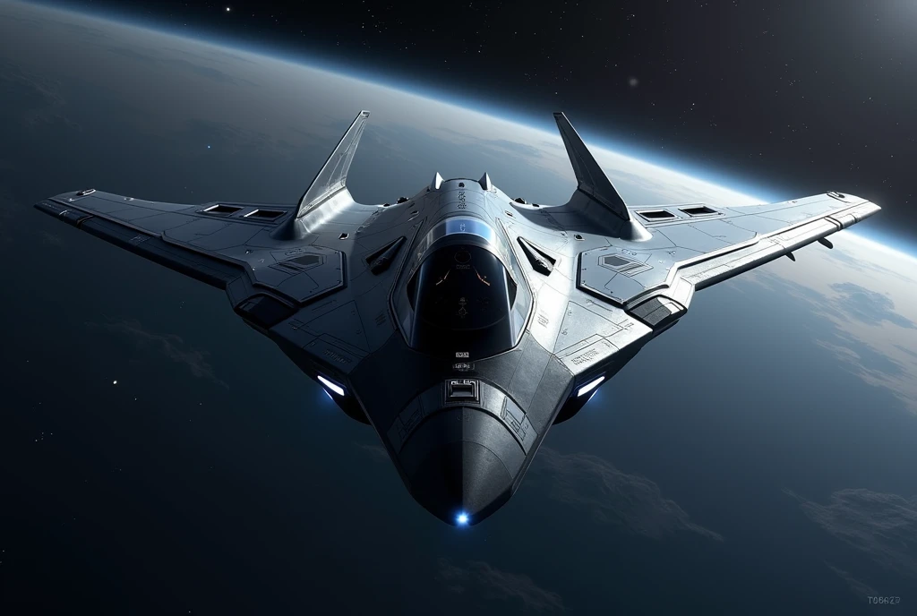 Hyper-advanced 7th generation space-capable stealth fighter, perfectly symmetrical tailless design. Extremely low-observable flying wing shape with smooth, faceted surfaces and no visible joints or seams. No vertical stabilizers. Completely unmanned, no cockpit visible. Ultra-black light-absorbing coating with subtle hexagonal pattern. Retractable weapon bays seamlessly integrated into the airframe. Quantum AI core hidden within the fuselage. Swarm of small stealthy drones deployed in symmetrical formation around the aircraft. Advanced space propulsion system with faint blue glow at rear edges. Self-repairing smart skin with uniform texture. Holographic displays projected internally. Flying in outer space with Earth visible in far background, surrounded by stars and distant galaxies. Photorealistic, highly detailed, dramatic lighting emphasizing stealth contours, 8K resolution, front three-quarter view showing perfect bilateral symmetry and sleek profile.