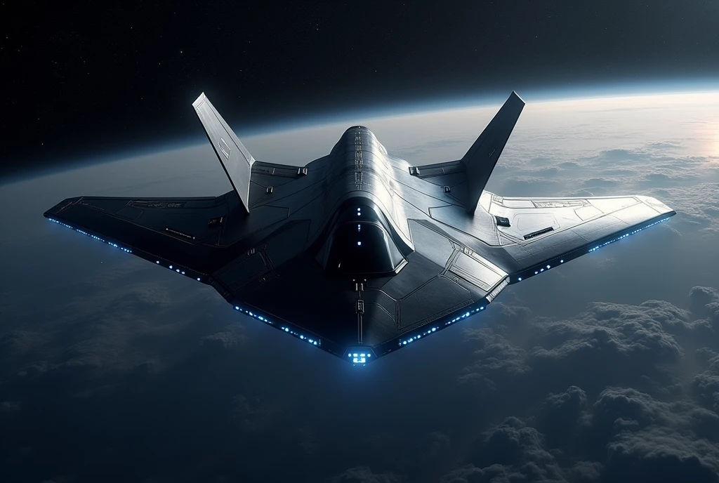 Hyper-advanced 7th generation space-capable stealth fighter, perfectly symmetrical tailless design. Extremely low-observable flying wing shape with smooth, faceted surfaces and no visible joints or seams. No vertical stabilizers. Completely unmanned, no cockpit visible. Ultra-black light-absorbing coating with subtle hexagonal pattern. Retractable weapon bays seamlessly integrated into the airframe. Quantum AI core hidden within the fuselage. Swarm of small stealthy drones deployed in symmetrical formation around the aircraft. Advanced space propulsion system with faint blue glow at rear edges. Self-repairing smart skin with uniform texture. Holographic displays projected internally. Flying in outer space with Earth visible in far background, surrounded by stars and distant galaxies. Photorealistic, highly detailed, dramatic lighting emphasizing stealth contours, 8K resolution, front three-quarter view showing perfect bilateral symmetry and sleek profile.