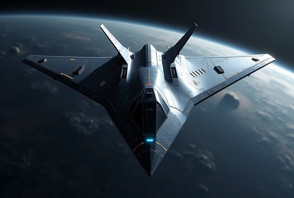 Hyper-advanced 7th generation space-capable stealth fighter, perfectly symmetrical tailless design. Extremely low-observable flying wing shape with smooth, faceted surfaces and no visible joints or seams. No vertical stabilizers. Completely unmanned, no cockpit visible. Ultra-black light-absorbing coating with subtle hexagonal pattern. Retractable weapon bays seamlessly integrated into the airframe. Quantum AI core hidden within the fuselage. Swarm of small stealthy drones deployed in symmetrical formation around the aircraft. Advanced space propulsion system with faint blue glow at rear edges. Self-repairing smart skin with uniform texture. Holographic displays projected internally. Flying in outer space with Earth visible in far background, surrounded by stars and distant galaxies. Photorealistic, highly detailed, dramatic lighting emphasizing stealth contours, 8K resolution, front three-quarter view showing perfect bilateral symmetry and sleek profile.